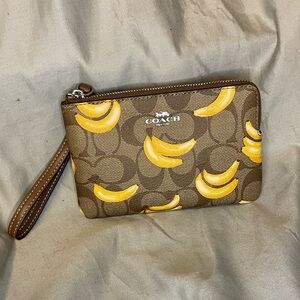 NWOT Coach Brown Wristlet with Yellow Banana Print